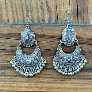 Indian Chandbali Earrings Silver Crescent Moon Ghungrroo Bells